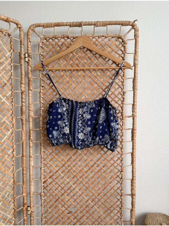 Janet Chung Tops - Janet Chung Bandana Paisley Print Satin Ruffle Hem Cami Crop Top Navy Blue